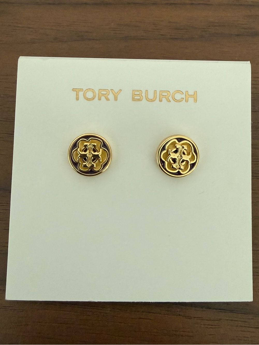 Tory Burch Gold and Black Logo Stud Earrings - Picture 3 of 3